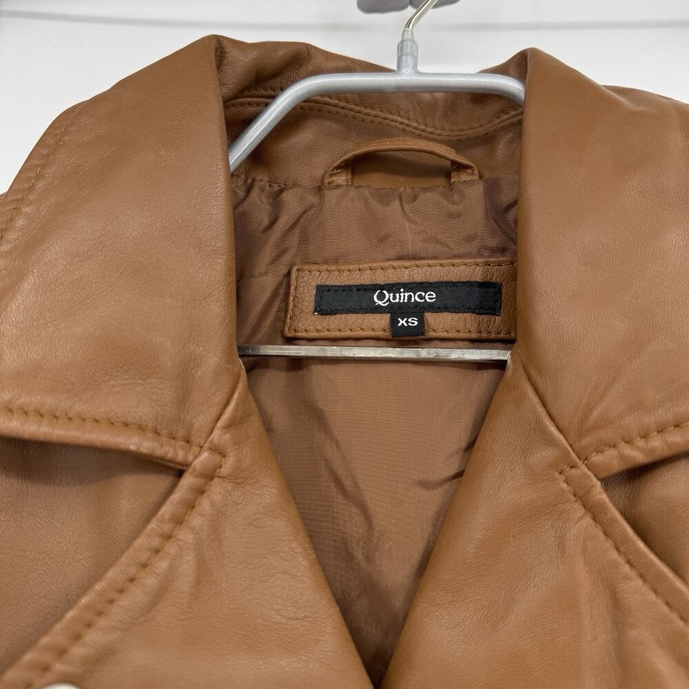 Quince Women's Cognac Leather Motorcycle Jacket size XS Sheep Leather Belted - Picture 3 of 16